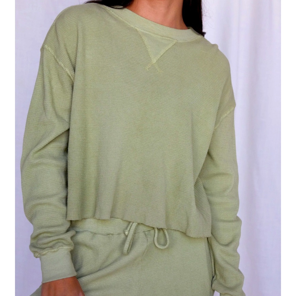 Strut This Green and White Cropped Waffle Sweaters